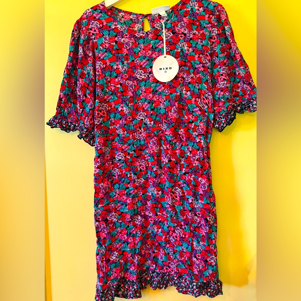 RIXO Red and Blue Puff Sleeve Mini Sundress